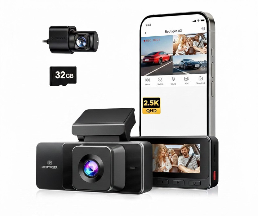 Redtiger A3 3CH Dash Cam 2.5K+1080P+1080P WiFi 3.18" Screen Front Rear Inside Dashboard Camera System(3 Camera, 2.5K+1080P+1080P)