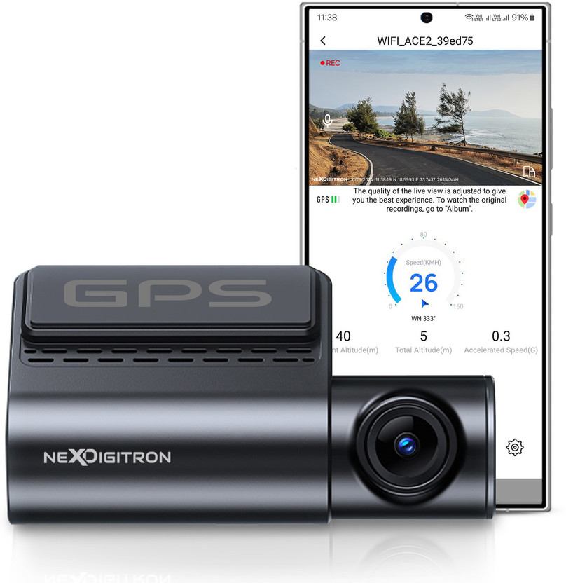 NEXDIGITRON ACE2 DashCam,GPS Logger,Real 2K 1440P,Voice Control,Super-Capacitor,F1.8 6G Lens Reverse Assist Camera System(1 Camera, 1440p)