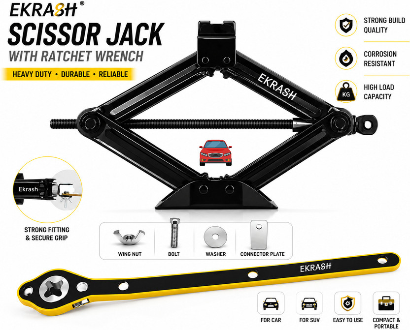 EKRASH EKRASH Black 1.5 Ton Manual Scissor Jack with Ratchet for Auto, Hatchback, Car/ Rikshaw Vehicle Jack(1500 kg) - Flipkart Deal