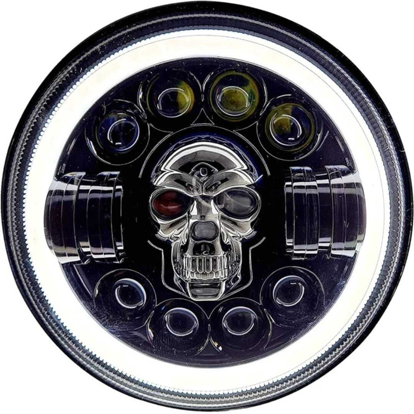 Motronix Skull Design Round LED Headlight with White Halo DRL Headlight Motorbike LED for Royal Enfield (12 V, 80 W)(Universal For Bike, Pack of 1)