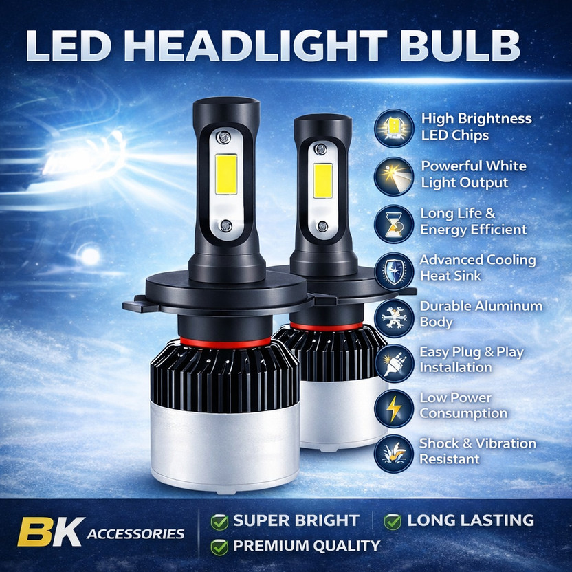 B.K Accessories H4 Hi/Lo 9000LM 6500K 72W LED Bulbs for Bike, Scooty, Car Headlight Cool White Headlight Car, Motorbike LED (12 V, 12 W)(Universal For Bike, Universal For Car, Pack of 2)