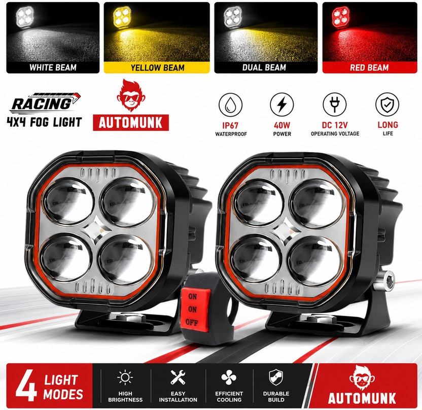 automunk AM G17 Led Light With Switch Fog Lamp Car, Motorbike LED (12 V, 48 W)(Universal For Bike, Pack of 2)