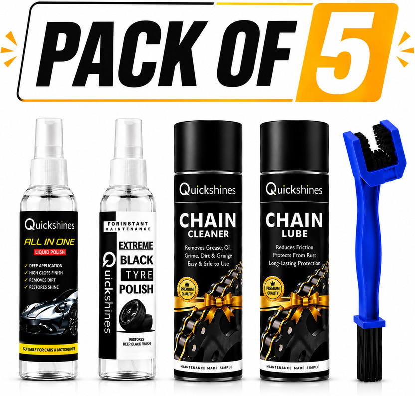 Quickshines Professional Motorcycle Detailing Kit Cleaner Lube Polish Protection All In One Bike Cleaning Kit Long Lasting Protection Formula Chain Oil(1300 ml, Pack of 5)