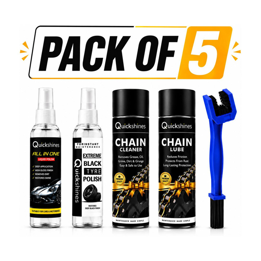 Quickshines Professional Motorcycle Detailing Kit Cleaner Lube Polish Protection All In One Bike Cleaning Kit Long Lasting Protection Formula Chain Oil(1300 ml, Pack of 5)