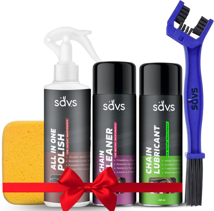 SAVS Premium Bike Care Combo Pack of 5, 250ml Bike Polish, 150ml Chain Cleaner, 150ml Chain Lube, Chain Cleaning Brush, Sponge Complete Motorcycle Cleaning Kit Chain Oil(550 ml, Pack of 5)