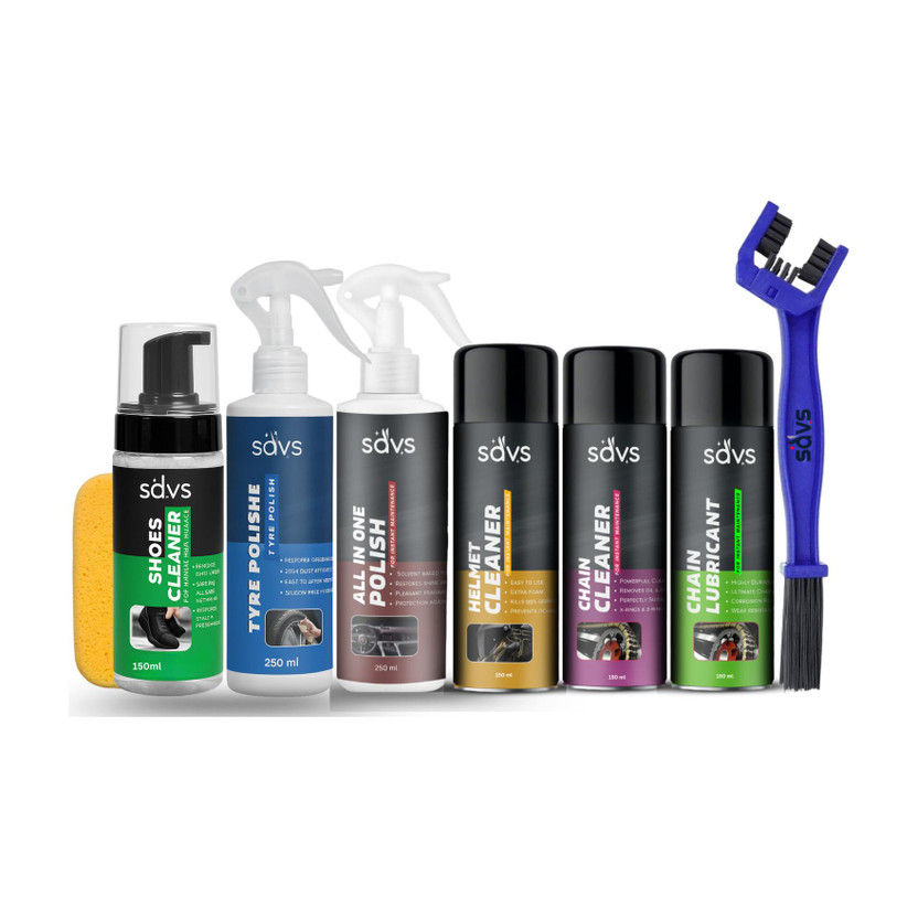 SAVS Combo Of Chain Lubricant + Chain Cleaner + Helmet Cleaner + Bike Polish + Tyre Polish + Shoes Cleaner + Cleaning Brush + Sponge| Exterior Cleaning Complete kit Chain Oil(1100 ml, Pack of 8)
