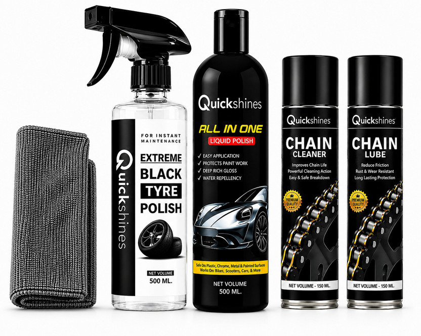 Quickshines Quickshines MotoCar Supreme Cleaning & Lubrication Kit PowerClean Premium Vehicle Maintenance Pack Chain Oil(500 ml, Pack of 5) - Flipkart Deal