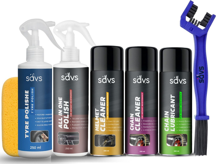 SAVS Combo of Chain Lubricant + Chain Cleaner + Helmet Cleaner + All in 1 Polish + Tyre Polish + Cleaning Brush With Sponge Shine Protects Chain Heavy Cleaning Kit Chain Oil(950 ml, Pack of 7)
