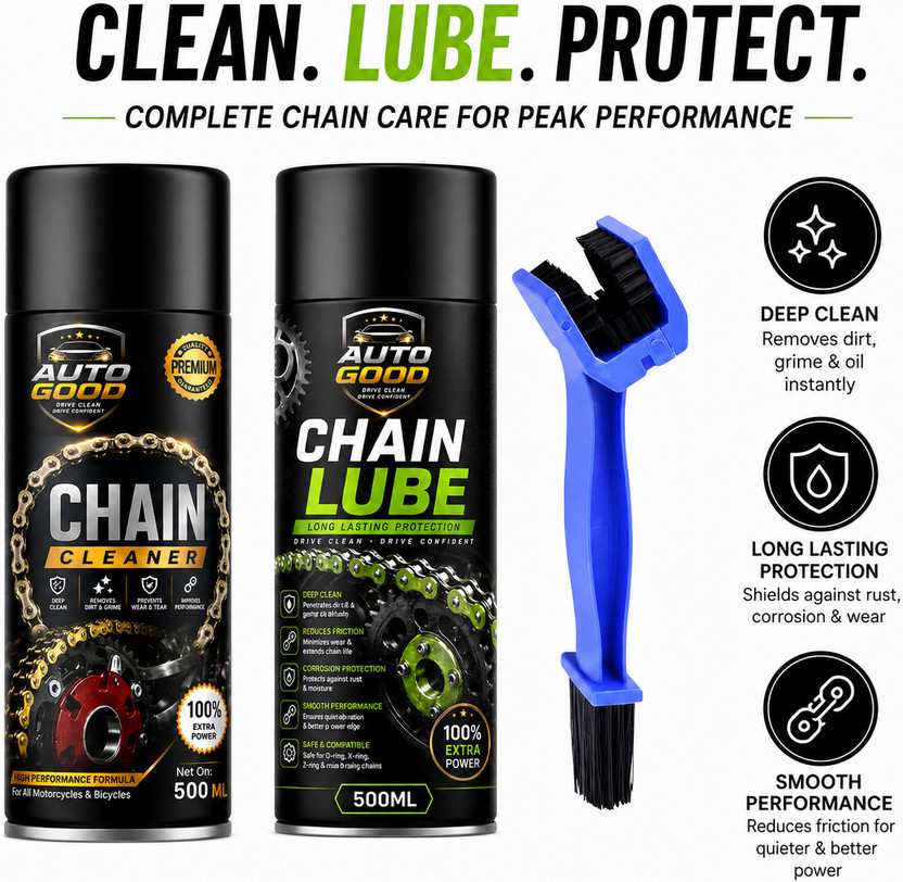 Auto good Extreme Chain Protection Kit For Long Lasting Smooth Pe High Performance Motorcycle Chain Care Combo With Cleaner Lubricant Chain Oil(1000 ml)