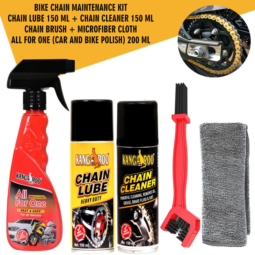 KANGAROO Chain Lube + Chain Cleaner 150 ml Each + Car and Bike Polish 200 ml With Chain Cleaning Brush | Microfiber Cloth | Bike Care and Maintenance Kit Chain Oil(500 ml)