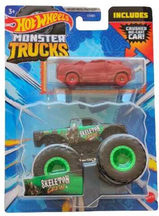 HOT WHEELS MONSTER TRUCKS SKELETON CREW INCLUDES CRUSHED DIE CAST CAR ...