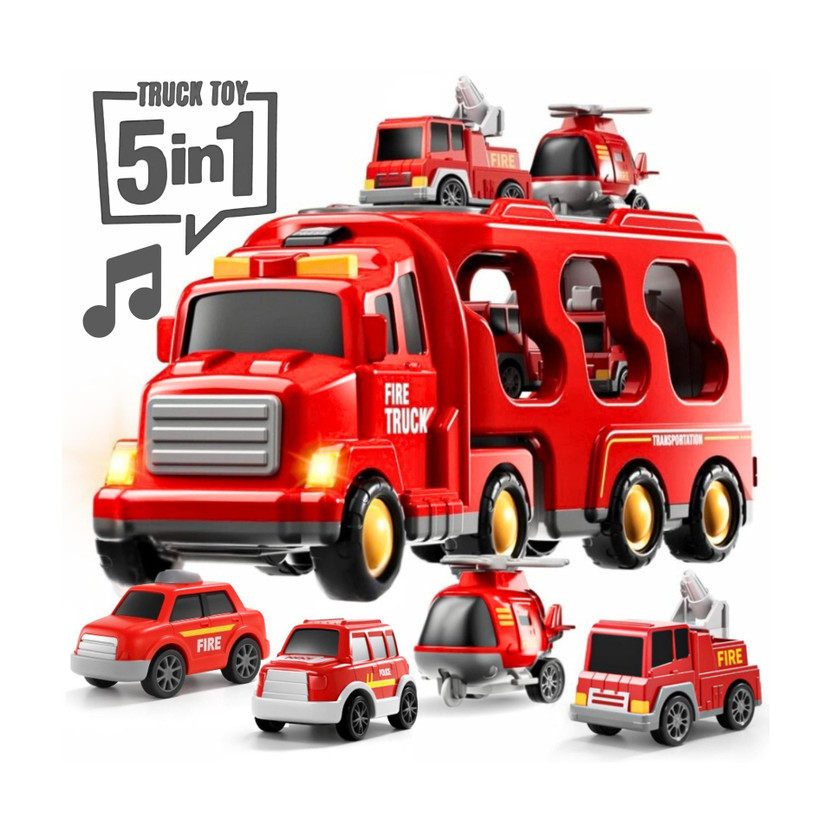 KIDS FIRST STEP 5-in-1 Friction Powered Fire Vehicle Playset | Music & Lights | Gift for Age 3+(Red, Pack of: 5)