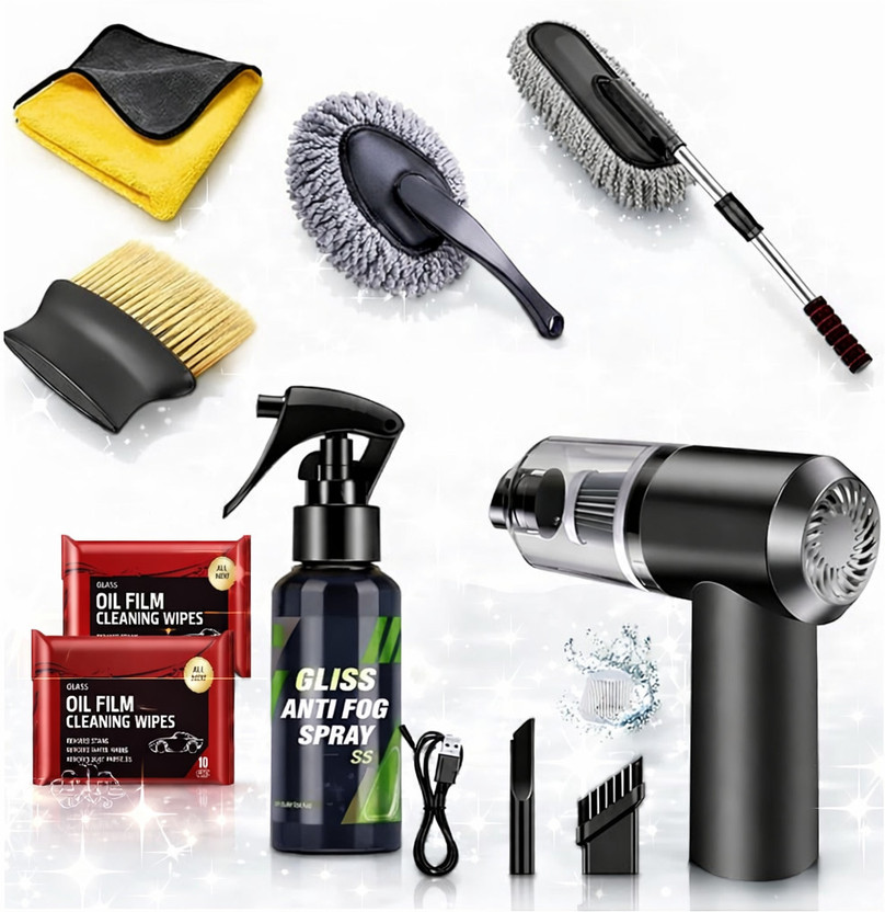 JUNJULA 8in1Car CleaningKit|3in1 Vacuum|GlassCleaner Spray|MicrofiberDuster|Brush|Towel Combo