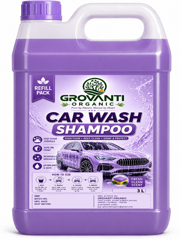 GROVANTI ORGANIC Car Shampoo Concentrate With Thick Foam To Remove Dirt ,Car Washing Liquid Car Washing Liquid(3000 ml)