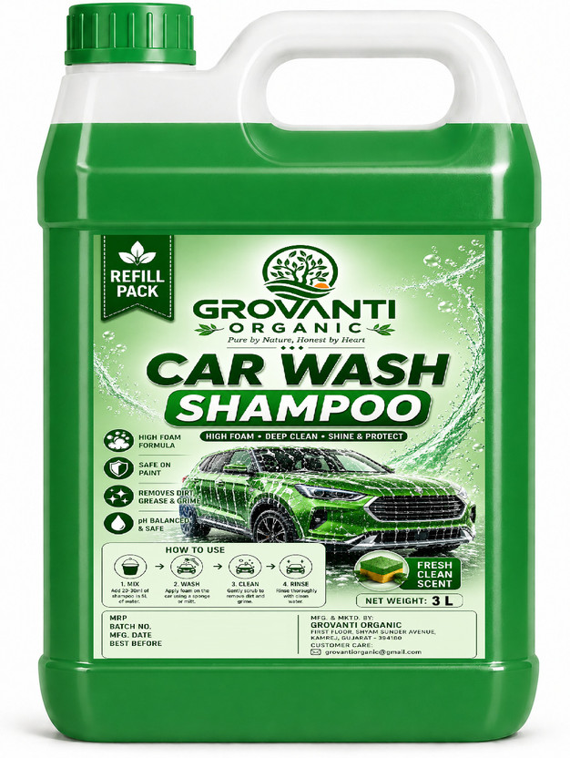 GROVANTI ORGANIC Car Wash Shampoo Concentrate - Shine Formula, Thick Foam, Car Washing Liquid Car Washing Liquid(3000 ml)
