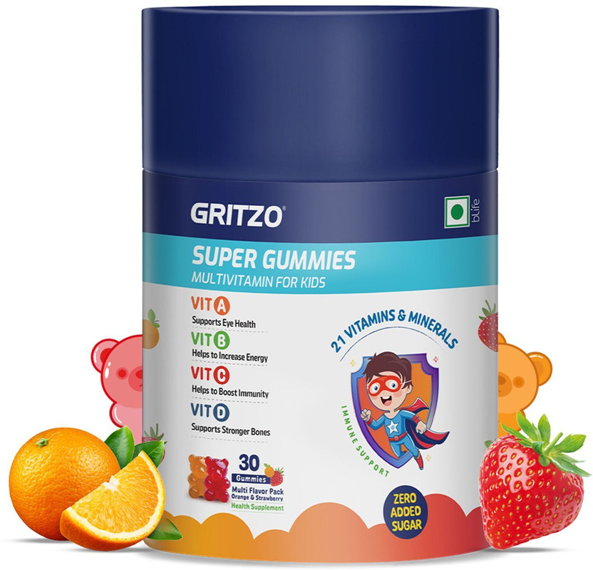 Gritzo Super Gummies, Multivitamin for Kids, 21 Vitamins & Minerals, Multi Flavour(30 No)