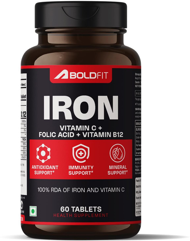 BOLDFIT Iron supplement for women & Men with Vitamin c, folic acid & Vitamin B12(60 Tablets)