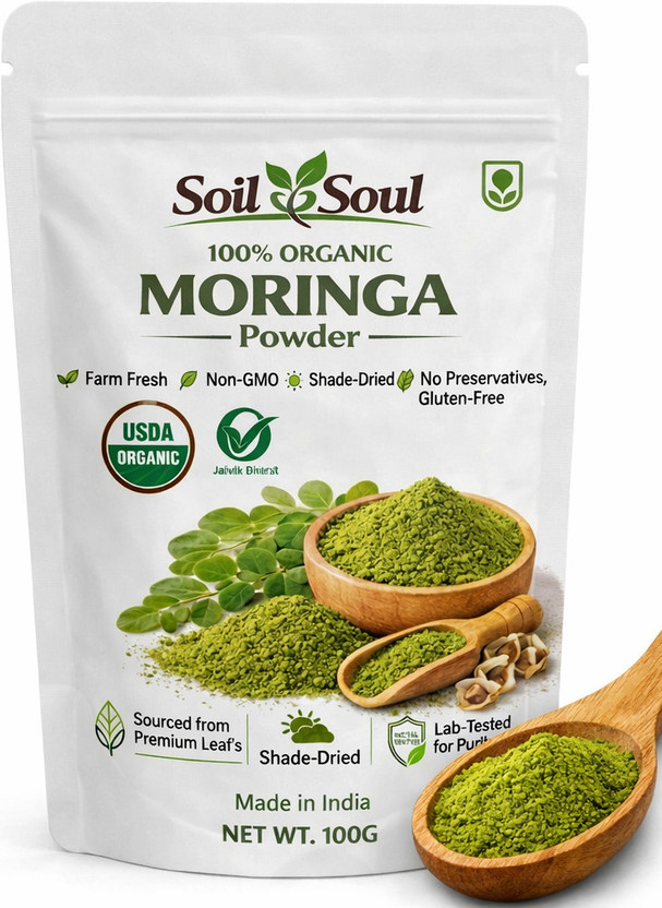 Soil&Soul Organic Moringa Leaf Powder - Shade-Dried & Lab Tested|100% Pure|27G Protein(100 mg)