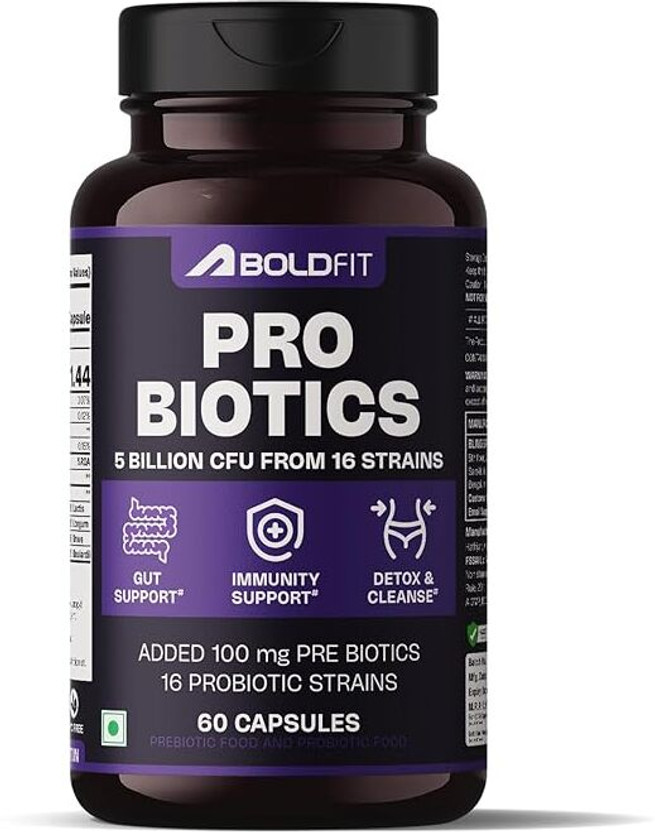 BOLDFIT Probiotics Supplement 5 Billion CFU For Men & Women, 16 Strains with Prebiotics.(60 Capsules)