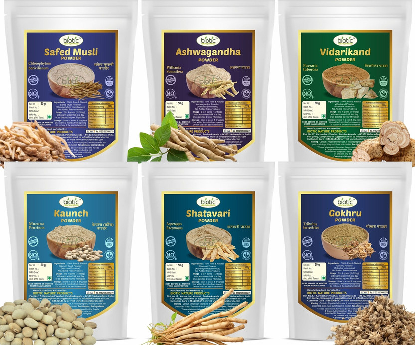 biotic Safed Musli, Ashwagandha, Shatavari, Gokhru, Vidarikand & Kaunch Powder (50g each)(6 x 50 g)