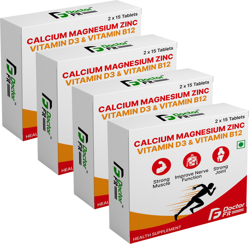 DOCTORFIT Calcium+Magnesium+Zinc+VitaminD3&B12 For Stronger Bones, Immunity, Muscle Health(4 x 30 Tablets)