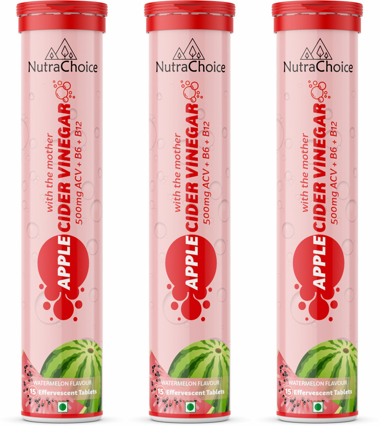NutraChoice Apple Cider Vinegar 45 Effervescent Tablets Watermelon Flavor for Weight Loss(3 x 15 Tablets)