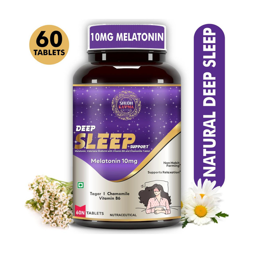 Shudh Kaama Deep Sleep Melatonin 10mg and Tagar 250| Sleeping aid pills for Men and Women(60 Tablets)