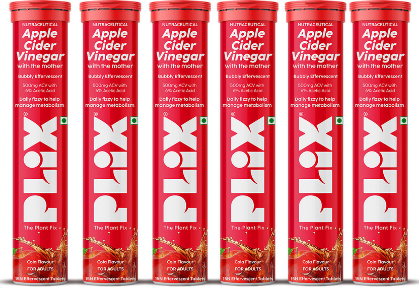 The Plant Fix Plix Apple Cider Vinegar Effervescent | With Mother ACV | Vitamin B6 & B12 | (Cola)(6 x 15 Tablets)