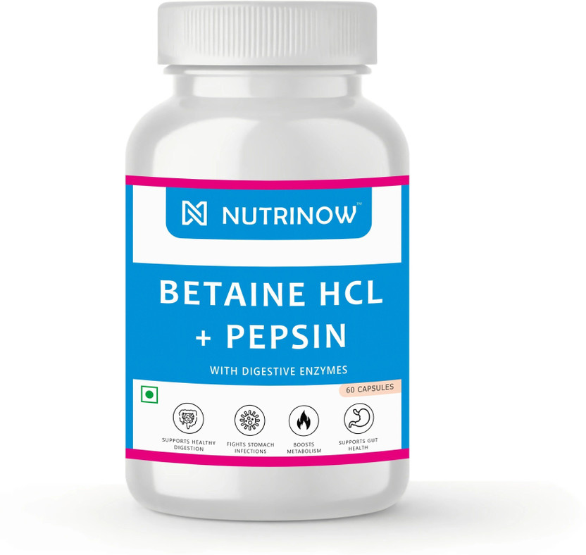 NUTRINOW Betaine HCL + Pepsin | Digestive Enzymes for Healthy Gut, Digestion and Acidity(60 Capsules)