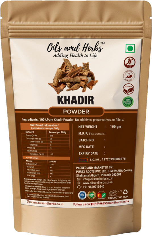Oils and Herbs Khadir Powder for Wellness | Acacia Catechu Herbal Wood Powder 100g(100 g)