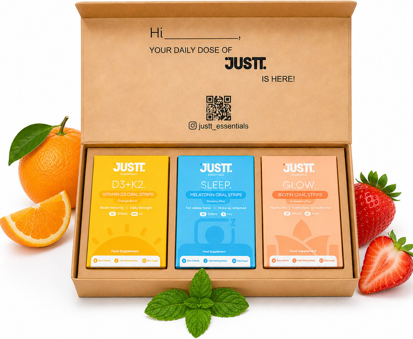 Justt Essentials Combo Pack Sleep+Glow+Vitamin D3 Fast Dissolving Oral Strips(30 Strips each)(3 x 1 No)