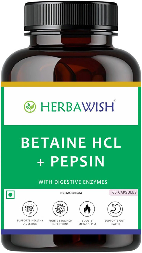 HERBAWISH Betaine HCL + Pepsin, Digestive Enzymes for Healthy Gut, Digestion, Gas, Acidity(60 Capsules)
