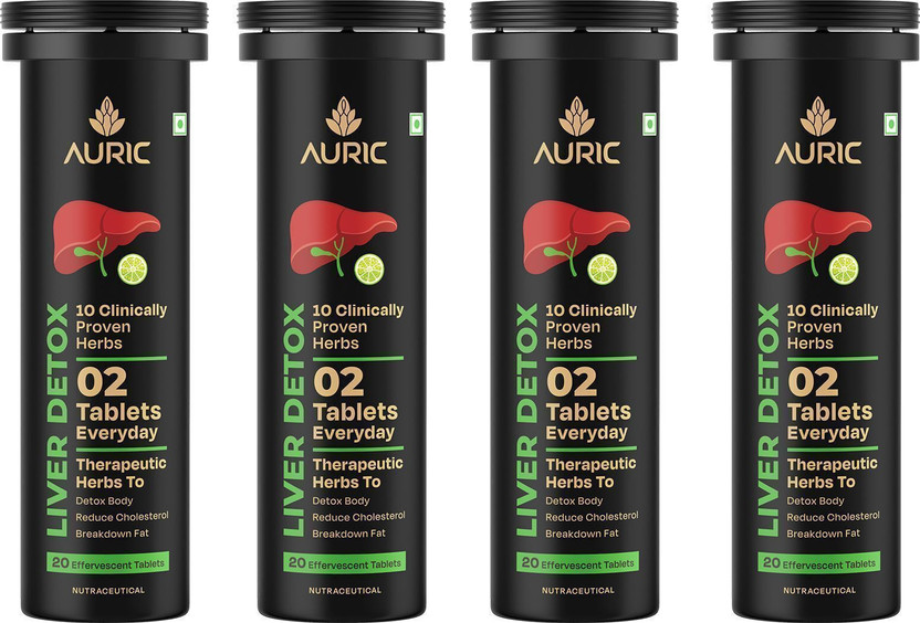 Auric Liver Detox Effervescent Tablets-Drop, Fizz & Drink with 10 Ayurvedic Herbs(4 x 20 Tablets)