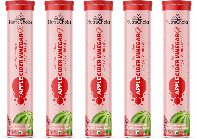NutraChoice Apple Cider Vinegar 75 Effervescent Tablets Watermelon Flavor for Weight Loss(5 x 15 Tablets)