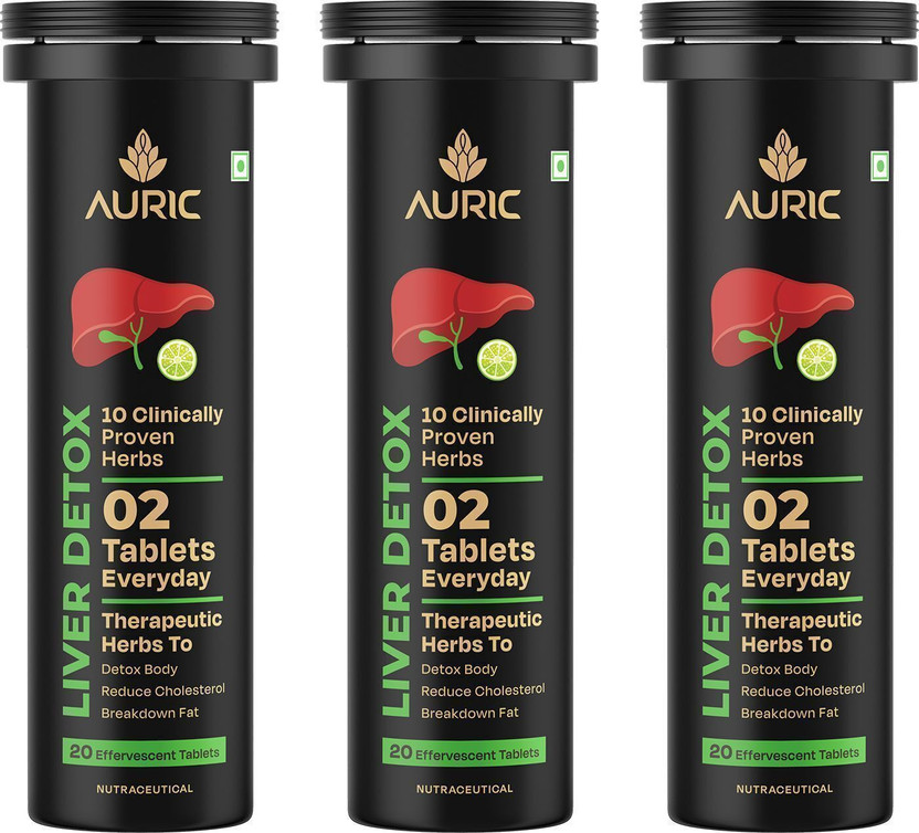 Auric Liver Detox Effervescent Tablets-Drop ,Fizz & Drink with 10 Ayurvedic Herbs(3 x 20 Tablets)