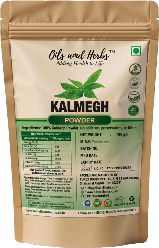 Oils and Herbs Kalmegh Powder 100g Ayurvedic Herbal Powder for Liver Detox Support(100 g)