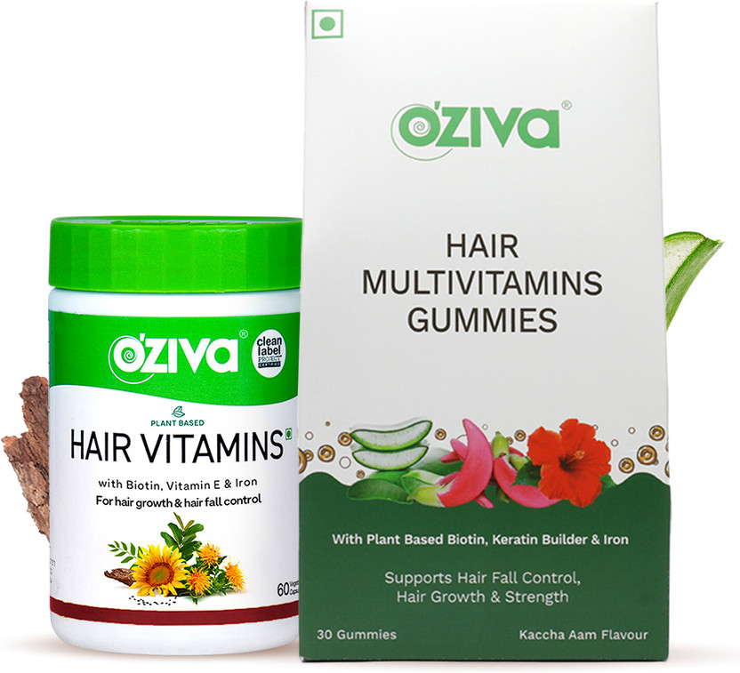 OZiva Hair Vitamins (Vitamin E) + Biotin Multivitamin Gummies for Hairfall Control(2 x 45 No)