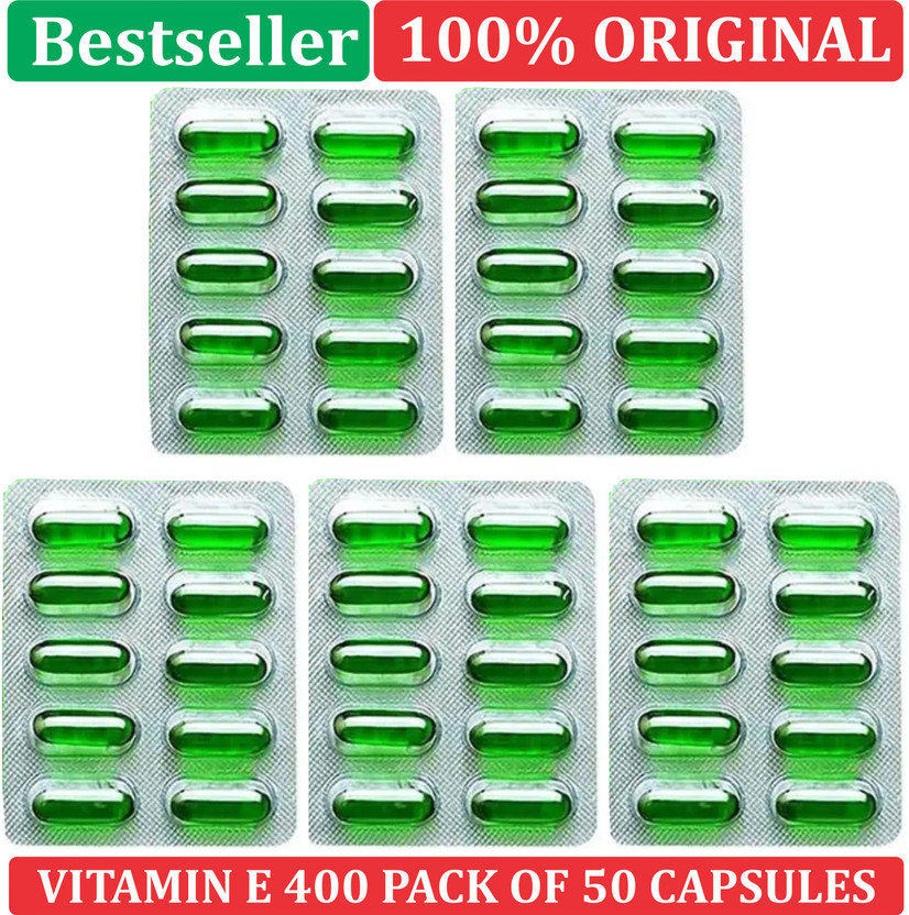 PHARMAZAIN LIFE SCIENCES Vitamin E (Pack of 50 Capsules) Face Hair Pimple Glowing Skin & hair care(50 Capsules)