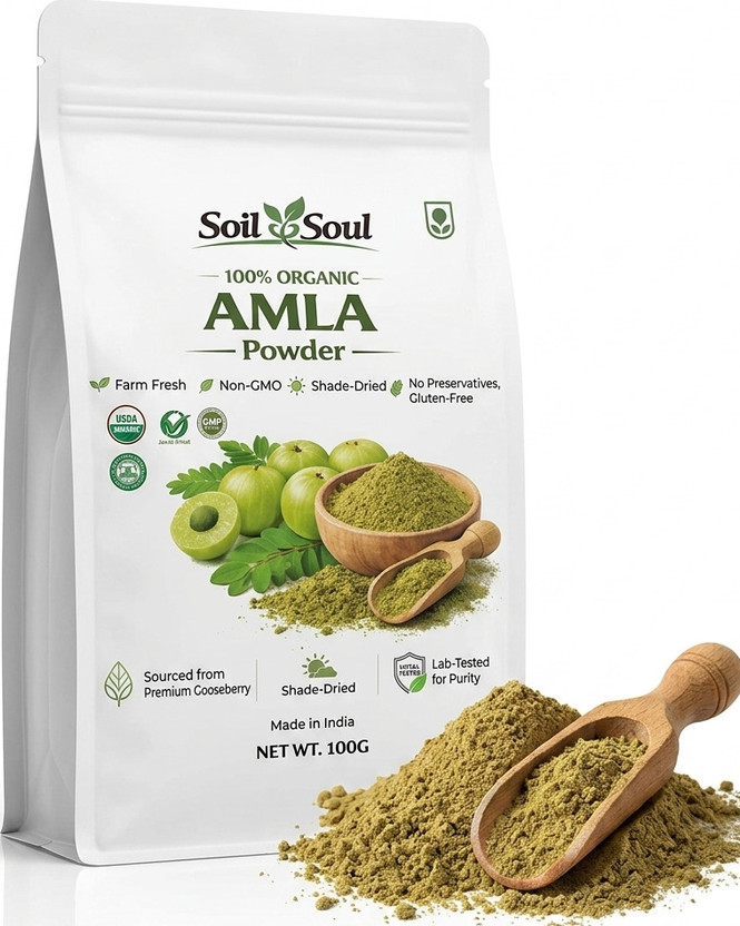 Soil&Soul 100% Organic Amla Powder 100g - Shade-Dried for Hair|Skin|Immunity|Edible Grade(100 g)