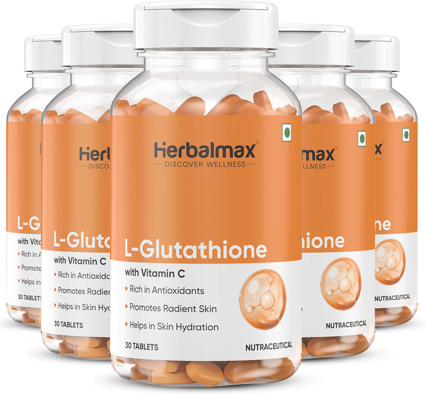 Herbal max L-Glutathione with Vitamin C, Rich in Antioxidants | Promotes Radiant Skin(5 x 30 Tablets)