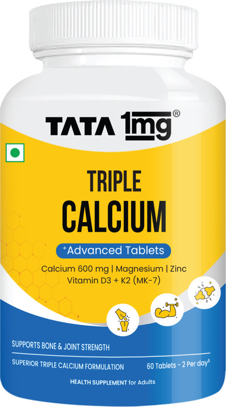 TATA 1mg Triple Calcium 600 mg with D3 & K2-7 – 60 Tablets(59.9 Tablets)