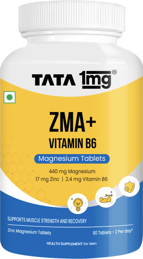 TATA 1mg ZMA+ Vitamin B6 | 100% RDA Magnesium | Muscle Recovery, Sleep, Strength(60 Tablets)