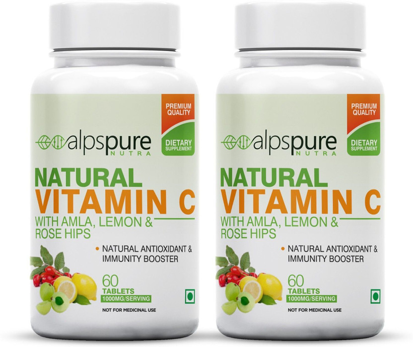 ALPSPURE Nutra Natural Vitamin C 1000mg with Amla,Lemon & Rose Hips(2 x 60 Tablets)
