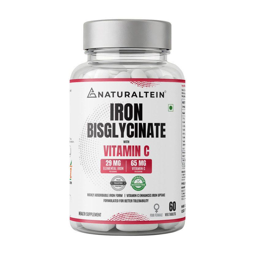 NATURALTEIN Iron Bisglycinate with Vitamin C for Women| Clean & Additive-Free(60 Capsules)