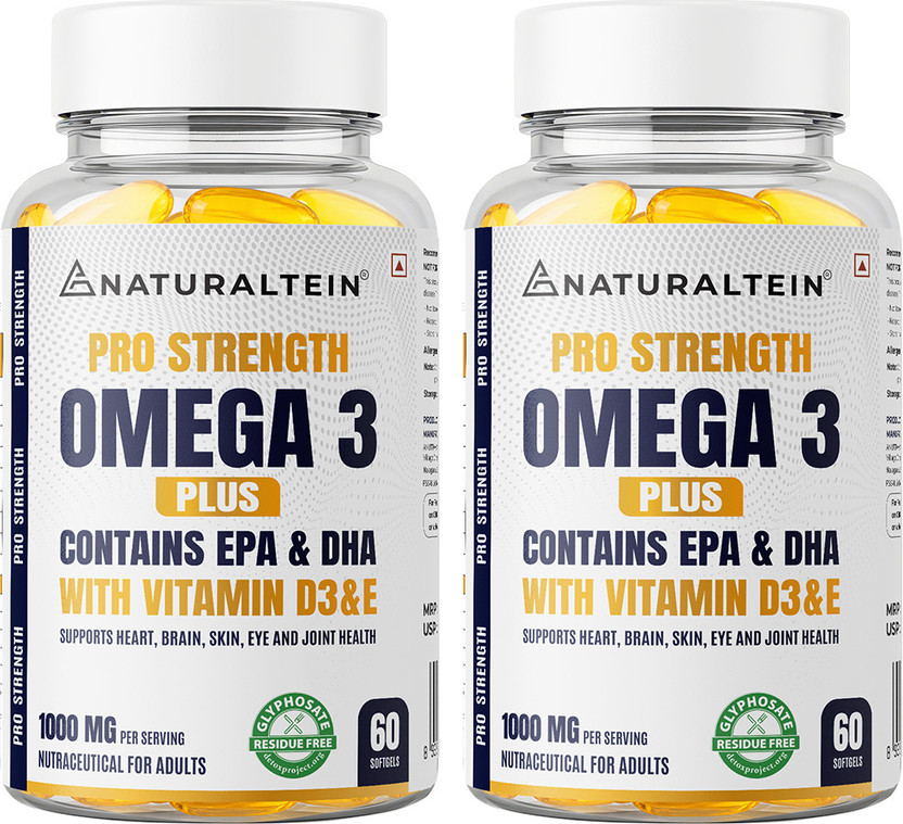 NATURALTEIN Omega 3 Pro Plus Fish Oil| 1000mg with EPA 180mg DHA 120mg Vitamin D3 & E(2 x 60 Capsules)