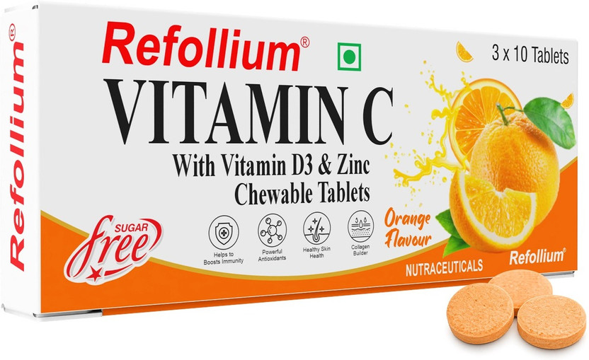 Refollium Vitamin C with Vitamin D3, Zinc & Amla Extract Chewable Tablets(30 Tablets)