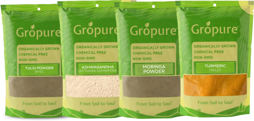 Gropure Organic Immunity Boosters Pack (Turmeric, Moringa, Ashwagandha, Tulsi)(4 x 150 g)