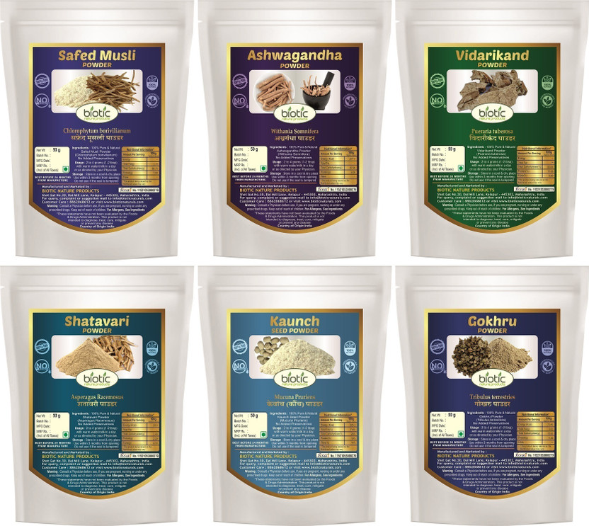 biotic Safed Musli, Ashwagandha, Shatavari, Gokhru, Vidarikand & Kaunch Powder (50g each)(6 x 50 g)