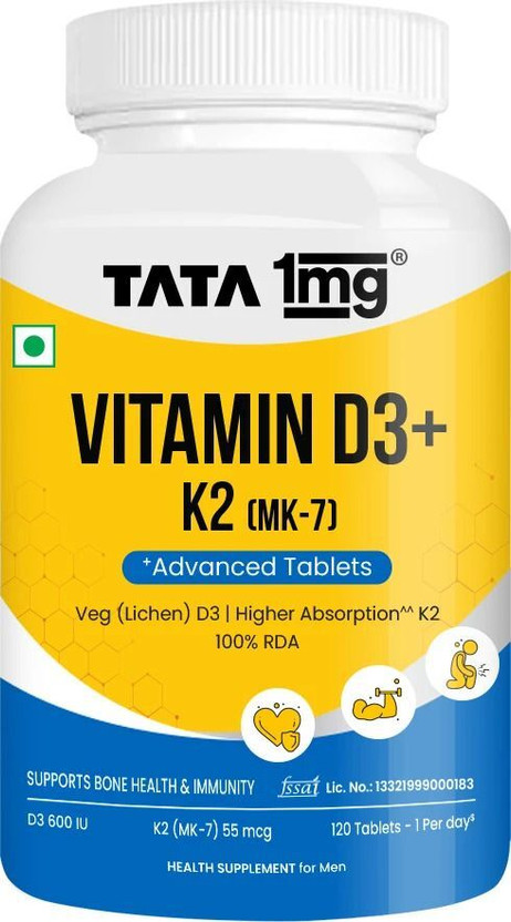 TATA 1mg Vitamin D3+K2 (MK 7 ) Advanced Tablet | for Stronger Bones and Immunity(120 x 1 Tablets)