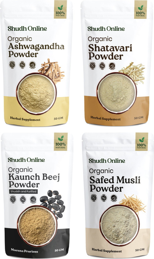 Shudh Online Ashwagandha, Safed White Musli, Kaunch Seed, Shatavari Powder, Testesterone Churna(4 x 50 g)